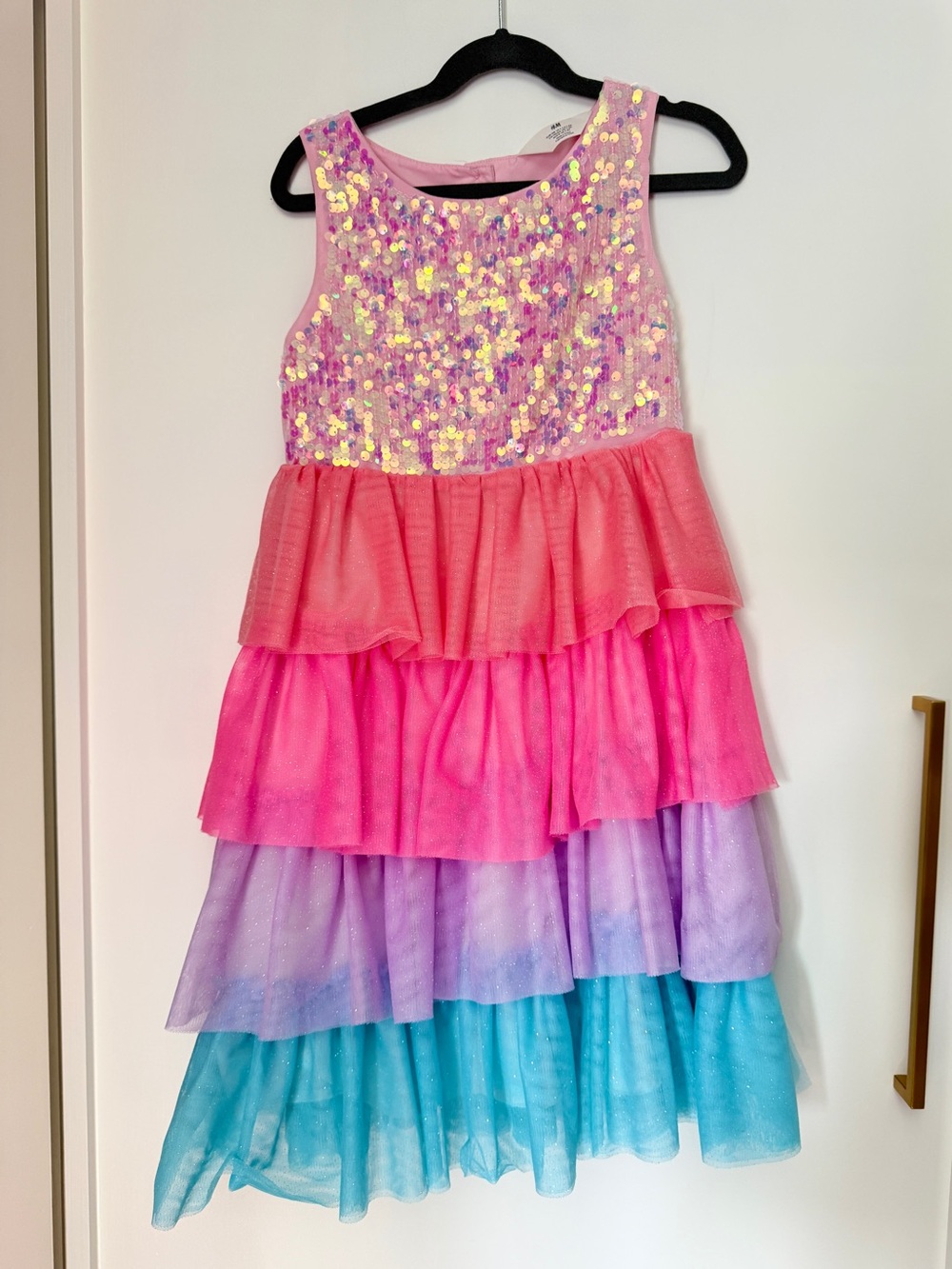 H&M Pink Sequin Bodice Tiered Rainbow Ruffle Dress. Size 7.